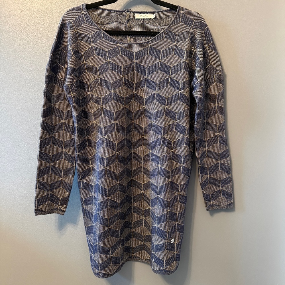 FRNCH navy blue and gold metallic geometric chevron sweater dress